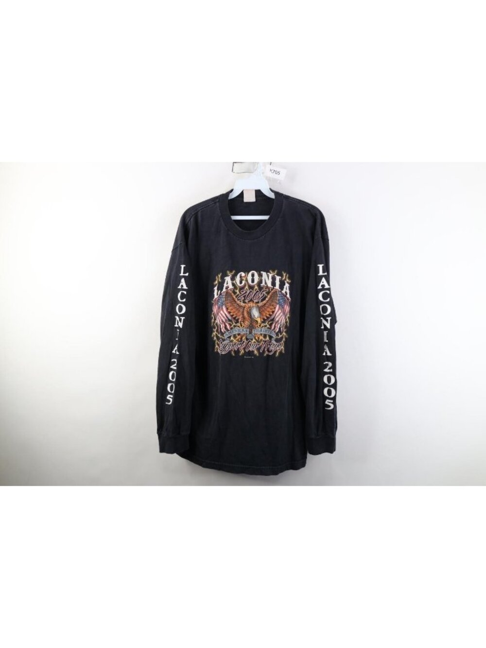 Vtg Mens Medium Faded 2005 Laconia Motorcycle Eagle Long Sleeve T-Shirt Black